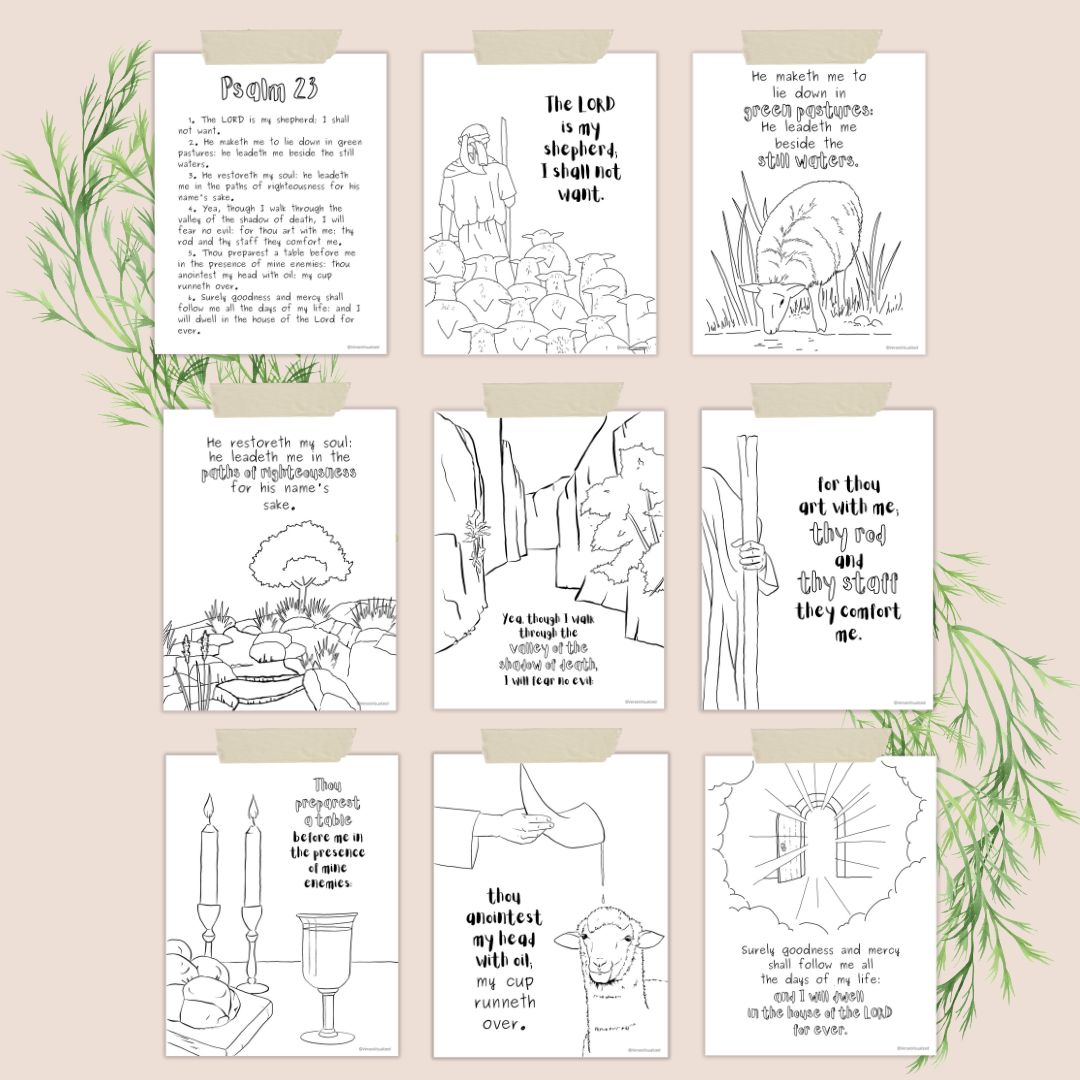 Eight line art pages illustrating Psalm 23 for kids to color. Black and white pages on beige background with greenery.