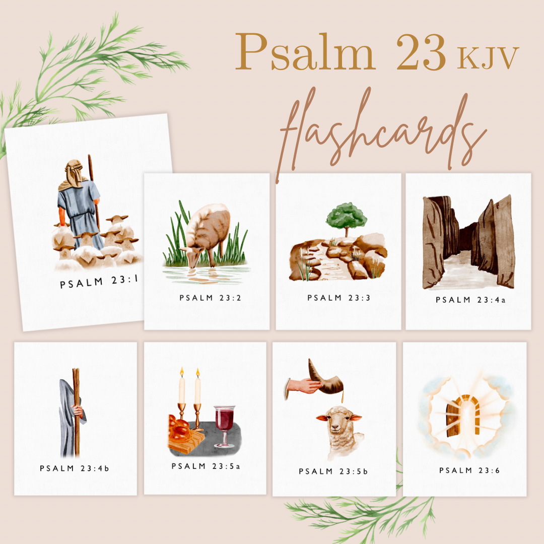 Flashcards featuring eight illustrations from Psalm 23 with corresponding verses on a beige background.